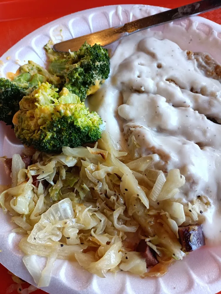 Country Fried Steak and Gravy Cabbage and Broccoli and Cheese
